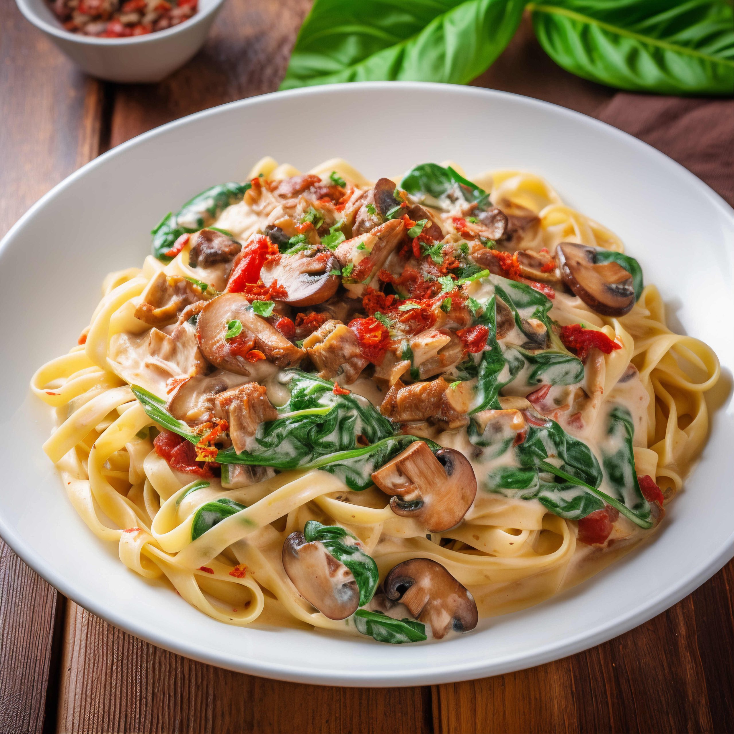 Vegan pasta topped with crispy mushroom bacon